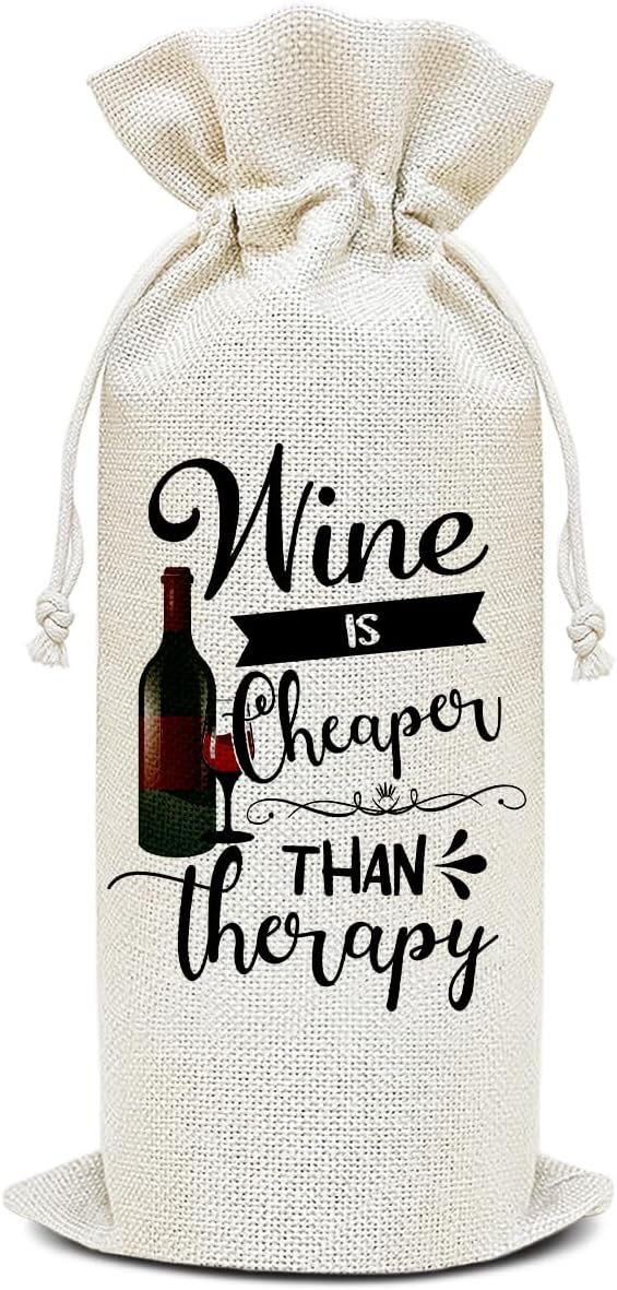Wine is Cheaper Than Therapy - Wine Canvas Bag, Wine Lover Gift Funny Wine Gift Bag, Birthday Gifts for Women Men, Wine Bags for Wine Bottles, Wine Gifts With Drawstring Holiday Party Decoration -WB22