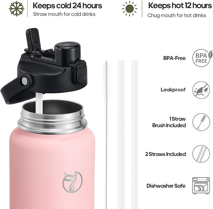 Half Gallon Insulated Water Bottle with 2-in-1 Lid (Chug Lid/Straw Lid), 40/64oz Double Walled Vacuum Stainless Steel Water Bottles, Water Jug with Straw