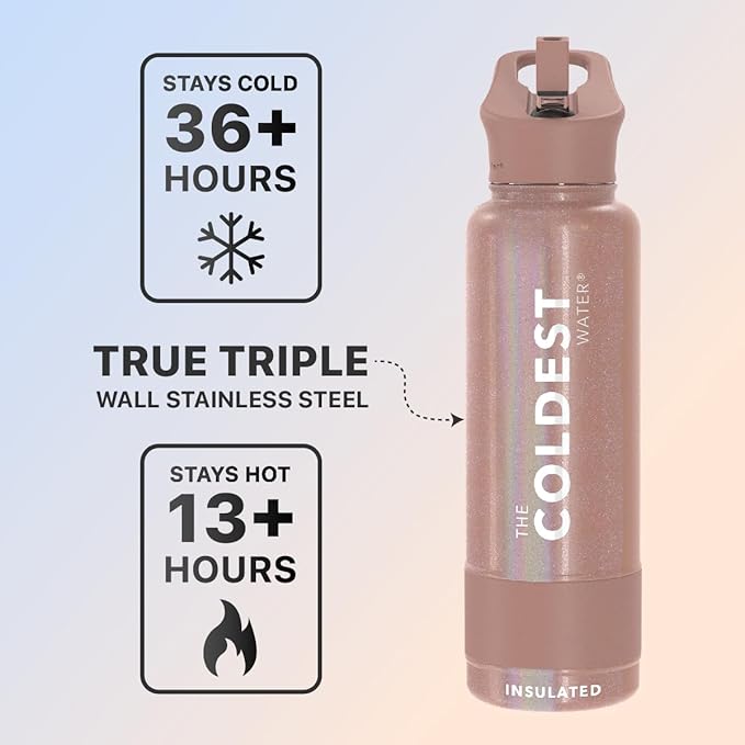 Coldest Sports Water Bottle with Straw Lid Vacuum Insulated Stainless Steel Metal Thermos Bottles Reusable Leak Proof Flask for Sports Gym (40 oz, Golden Rose Glitter)