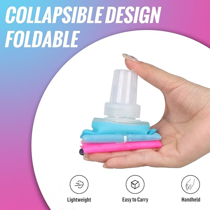 Collapsible TPU Soft Flask，Reusable Handheld Soft Water Bottle for Hydration Pack,BPA Free Gradient Folding Water Flask for Running Cycling Climbing (Light Blue&Pink-500ml*2)