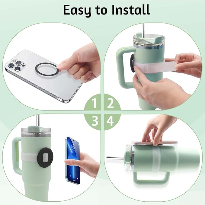 Watter Bottle with Magsafe Phone Holder, Magnetic Holder Adjustable Strap Compatible with Stanley Tumbler Cup Owala 32oz for iPhone Android Devices 2x Metal Iron Ring (White)