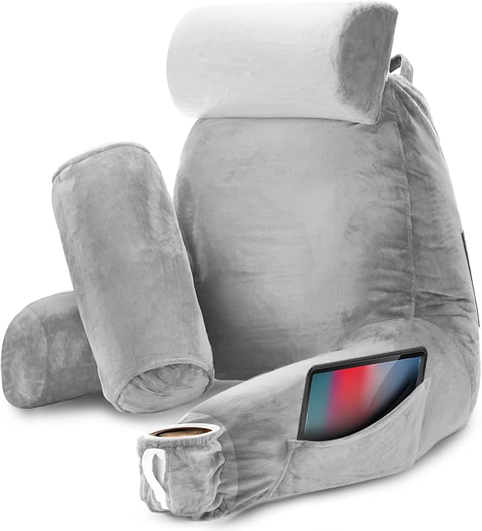 Nestl Reading Pillow Large Bed Pillow, Back Pillow for Sitting in Bed Shredded Memory Foam Chair Pillow, Reading & Bed Rest Pillows Light Grey Back Pillow for Bed, Bed Chair Arm Pillow with Pockets
