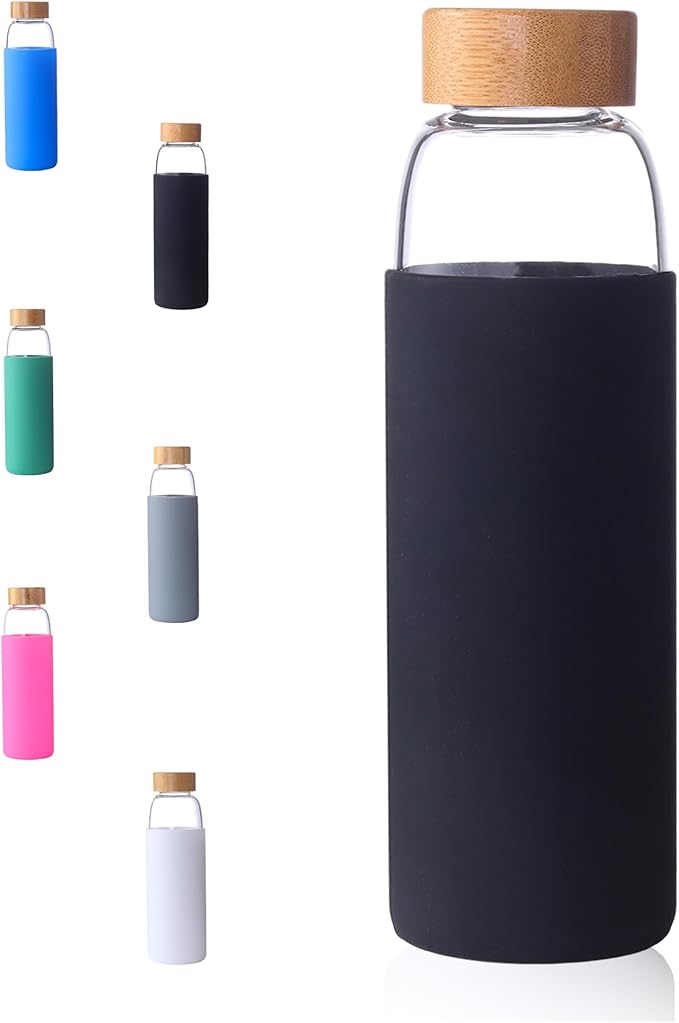 Laster Glass Water Bottle 20 Oz, 600 ml, made of Borosilicate Glass, 1 Bamboo & 1 Stainless Steel Lid, BPA Free, Non-Slip Silicone Sleeve (Black)