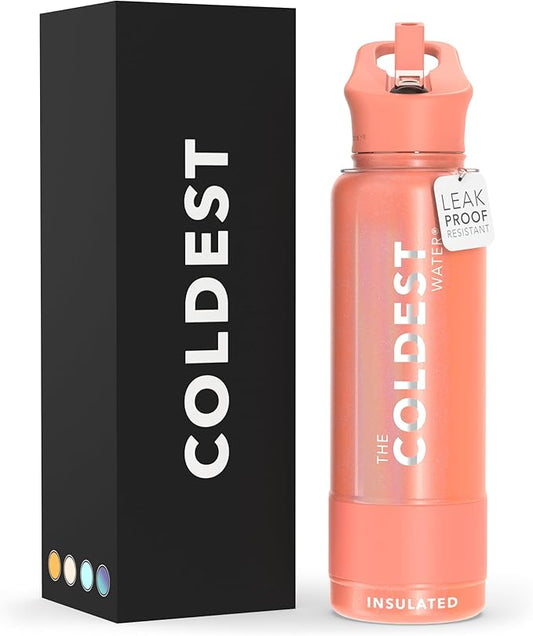 Coldest Sports Water Bottle with Straw Lid Vacuum Insulated Stainless Steel Metal Thermos Bottles Reusable Leak Proof Flask for Sports Gym (40 oz, Pink Froze Glitter)