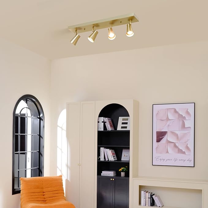 Globe Electric 64000046 4-Light Track Lighting, Matte Brass, Ceiling Light, Track Light Heads, Pivoting Track Heads, Track Ceiling Light, Track Lighting Kit, 4 Bulb Kitchen Light, GU10 Socket