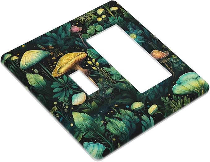 Green Dark Forest Mystical Mushroom 2 Gang Single Toggle Rocker Combination Light Switch Covers Wall Plate Cover Electrical Faceplate Decorative Switchplate for Country Bathroom Bedroom Decor