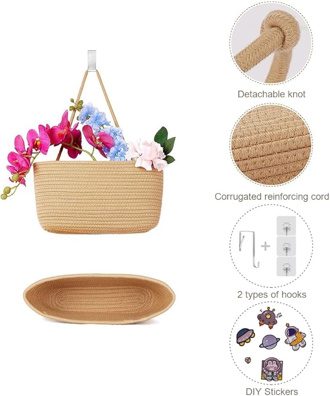 TeoKJ Over The Door Hanging Baskets, 3-Tier Woven Cotton Storage Organizer with Hooks Wall-Mounted with Self Adhesive Space Astronaut Stick Decorative Hanging Nursery Baskets - Jute