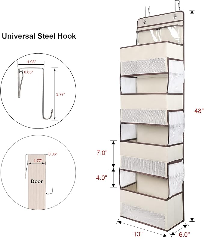Univivi Over Door Hanging Organizers and Storage Nursery Closet Cabinet Baby Storage with 4 Large Compartments 2 Small PVC Pockets with 6 Side Pockets for Cosmetics, Toys and Sundries (Beige)