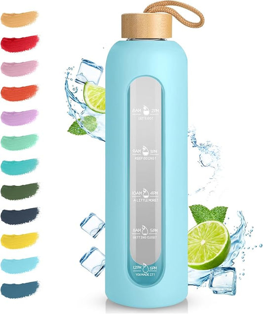 Sursip 32 oz Glass Water Bottle with Time Marker,1 Liter BPA-Free Reusable Motivational Water Bottle with Non-Slip Silicone Sleeve and Bamboo Lid, Ice Cube Tray, Leak-Proof, Dishwasher Safe