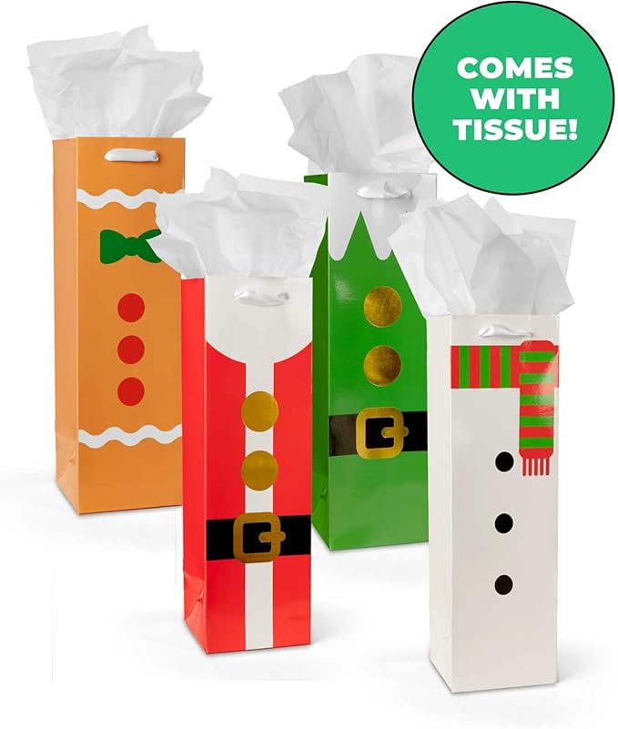 Tipsy Elves Christmas Gift Bags with Included Tissue Paper - Holiday Character Wine and Bottle Bags - One Size Only - Pack of 4 Bags