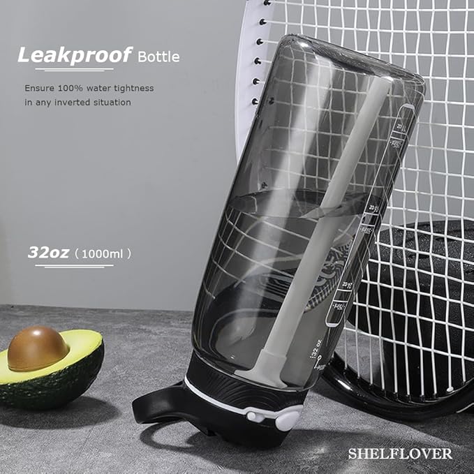 SHELFLOVER Black Water Bottle With Narrow Straw, BPA FREE Clear Bottles With Handle One Hand Use Easy Carried, Flip Up, Suit School, Office, Gym, Office For Men, 32oz (1000ml)