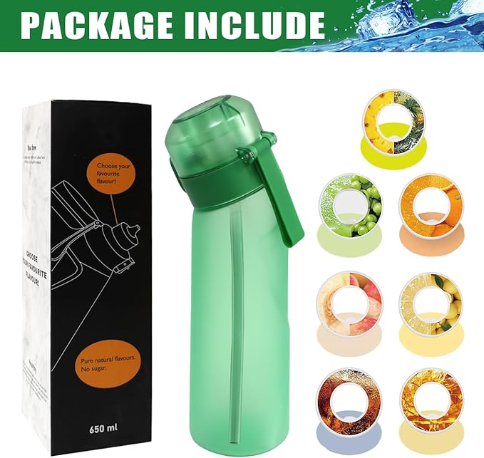 Water Bottle with Flavor Pods 21.9 Oz/650ml Fruit Fragrance Water Bottle Recyclable Sports Air Water Cup Scented Pods for Outdoor (Green)