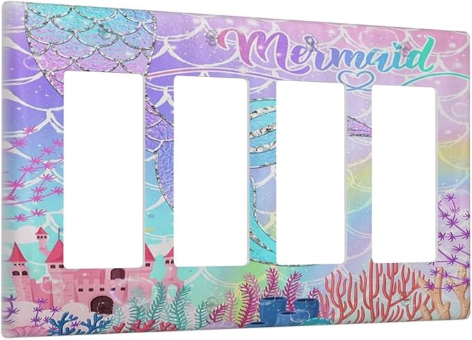 Silvery Glitter Cute Mermaid Tail Fantasy Castle 4 Gang Rocker Decora Light Switch Cover Outlet Covers Wall Plate Decorative Switchplate Electrical Faceplate GFCI for Kidroom Nursery Bedroom Decor