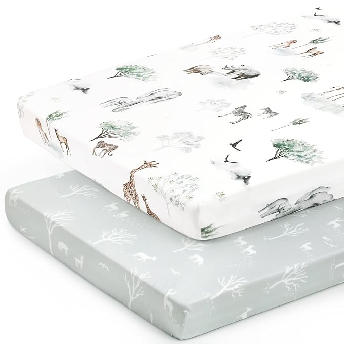 Stretch Ultra Soft Jersey Knit Fitted Pack n Play Sheets Set 2 Pack, Portable/Mini Crib Sheets for Boys and Girls, Pretty African Savannah Animals Pattern