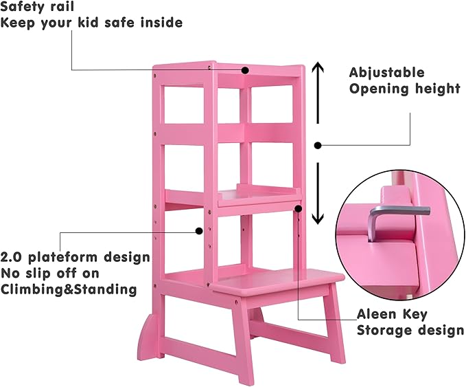 SDADI Mother's Helper Adjustable Height Kitchen Step Stool, Children Kids Toddlers Counter Level Learning Stool for Kitchen & Bathroom, Pink