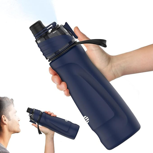 Misting Water Bottle, 24oz Insulated Water Bottle, 2-in-1 Mist & Sip Stainless Steel Water Bottles, Thermo for Hot Drinks/Cold Drinks, Sports Water Bottle for Hiking, Running, Gym, Navy Blue