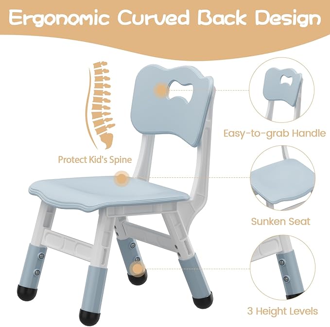 Adjustable Kids Chair (2pcs), 3 Level Height Adjustable Toddler Chair, Plastic Indoor Outdoor Child Chair for Children Age 2-8 Family School Home Daycare Use, Grayish Blue