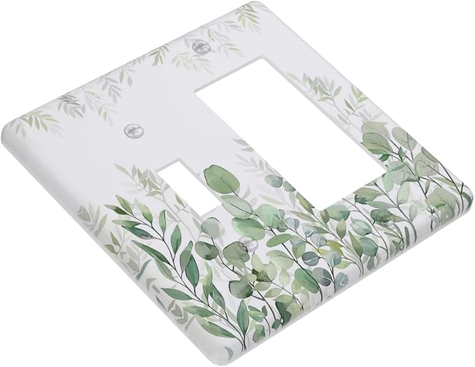 Green Eucalyptus Rustic Botanical Plant Leaves 2 Gang Single Toggle Rocker Combination Boho Light Switch Covers Decorative Wall Plate Cover Electrical Faceplate Switchplate for Country