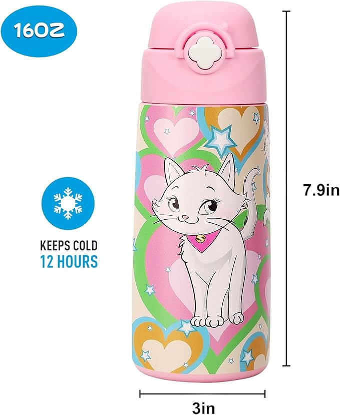 Kids Insulated Water Bottle with Covered Pop-Up Straw,16oz Kids Cups with Stainless Steel Leak Proof for School Boys Girls（3-Cat）