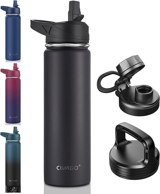 CIVAGO 22 oz Insulated Water Bottle With Straw, Stainless Steel Sports Water Flask Cup with 3 Lids (Straw, Portable Spout and Handle Lid), Double Walled Travel Thermal Canteen Mug, Black