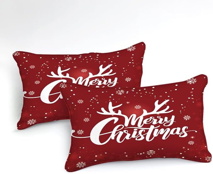 Bedbay Merry Christmas Comforter Set Christmas Bedding Queen Size Red Xmas Elk Snowflakes Printed Soft Microfiber Lightweight Fluffy Comforter Set for Boys Girls(Red,Queen)