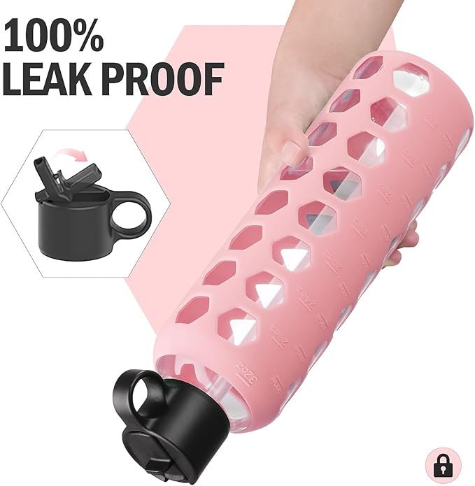 MUKOKO Glass Water Bottles, 32oz Glass Tumbler, Drinking Bottles with 2 Lids-Handle Flip Straw Lid&Bamboo Lid, Motivational Water Bottle with Time Marker and Silicone Sleeve, Leakproof-1 Pack-Pink