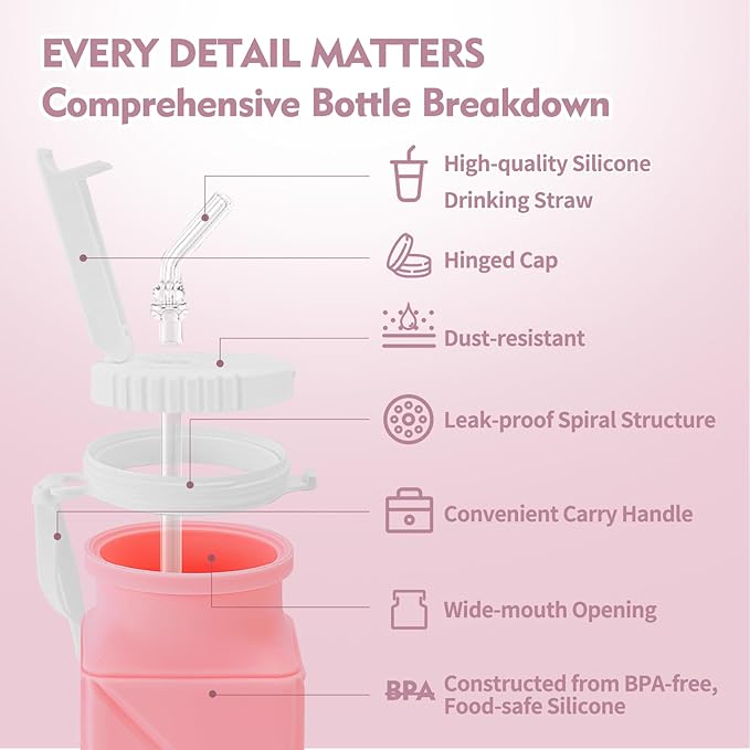 Collapsible Water Bottles 610ml | BPA Free Leakproof Lightweight Foldable Silicon Water Bottles | Twistable Water Cup | for Travel Gym Hiking Outdoor Camping Running Cycling Sports (Pink)