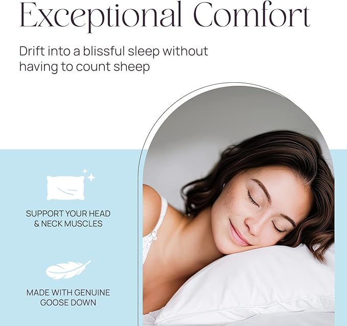 East Coast Bedding Pure Dream Firm Pillow - Queen Pillow Medium Support, Queen Size 20x30 Inch Goose Feather Down Pillows, 100% Cotton Shell, Set of 2