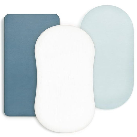 GRSSDER Stretchy Ultra Soft Fitted Bassinet Sheet 3 Pack, Universal Fit for Bassinets Baby Cradle Moses Basket Oval Rectangle Mattress Safe and Snug, Jersey Bassinet Sheets for Girls, White/Blue