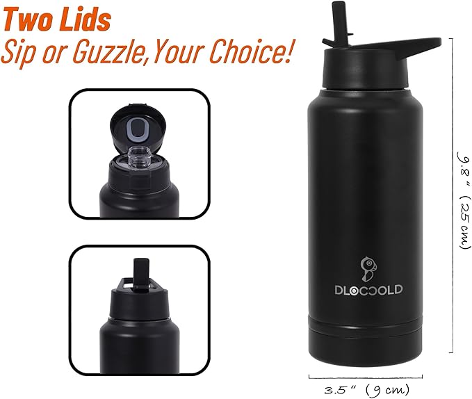 DLOCCOLD 32 oz sports water bottle Insulated Stainless Steel Water Bottle with straw & pills holder, Reusable Double Walled Water Bottle for Sports, Gym, Travel, Men, Women & Kids W/ 4 Leak Proof Lids