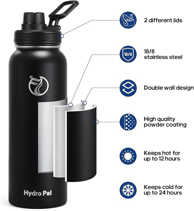 Insulated Water Bottles 40 oz with 2 Leak Proof Lids & Water Bottle Holder, Wide Mouth Sport Water Bottle with Straw, Reusable Stainless Steel Water Flask, Double Walled Vacuum Thermos