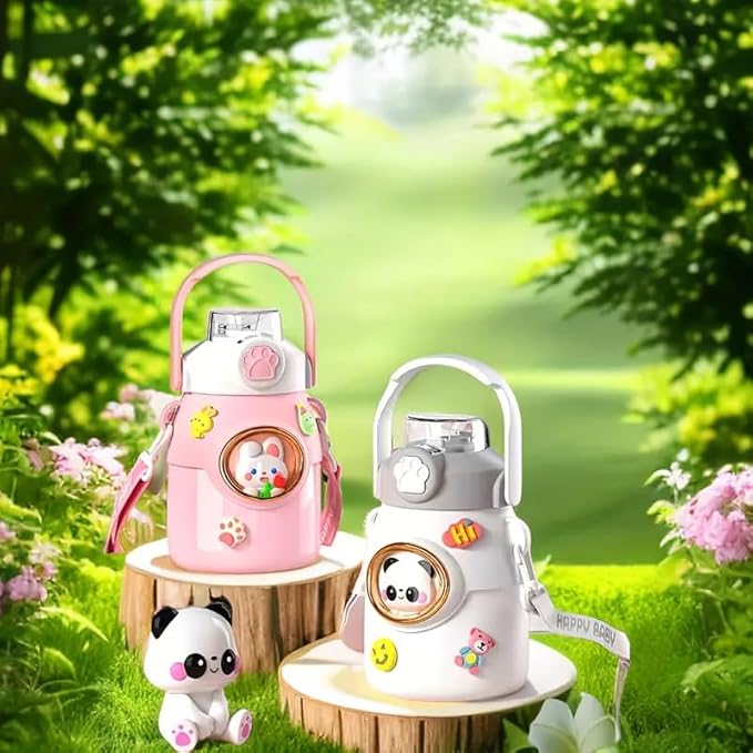 Cute Water Bottle with Strap and Straw 22oz Aesthetic Kawaii Water Bottles BPA-free Leak-proof Insulated Water Bottles for Girls Sports Travel(White), 3.93*6.69 inch