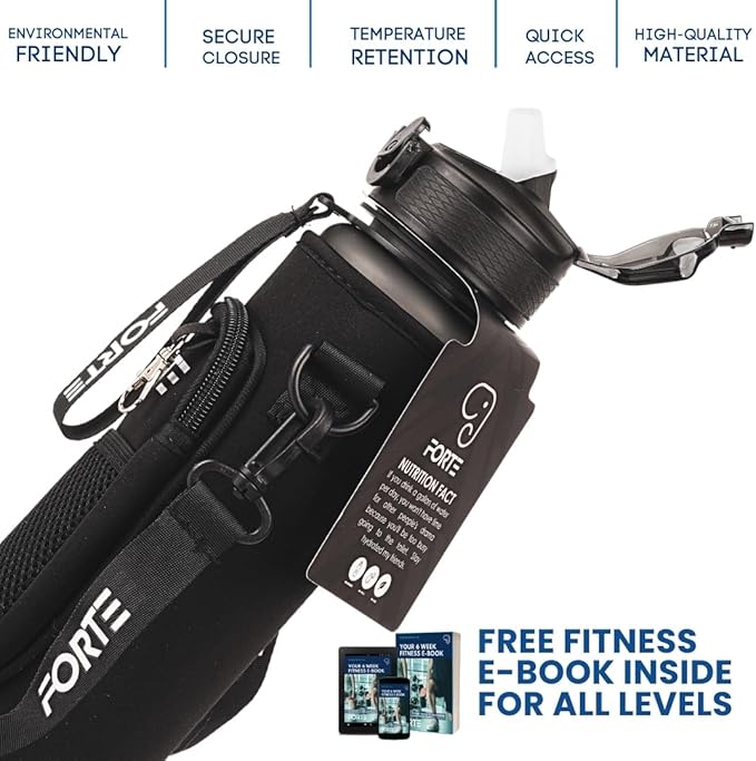 FORTE Plastic Water Bottle with Sleeve - BPA-Free Water Jug with Leak Proof Lid and Straw - Perfect for Gym, Office, and Everyday Use (Black)