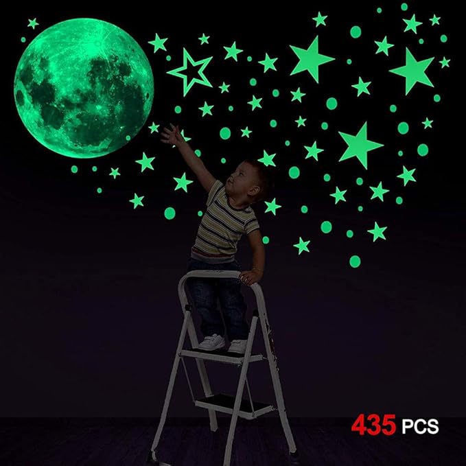 Glow in The Dark Moon and Stars Wall Stickers|435 Pcs Luminous Mural Decals for Ceiling and Wall| Perfect for Nursery Classroom Playroom Bedroom Living Room Decoration (Peel and Stick)