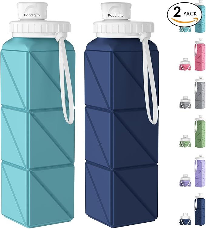 Collapsible Water Bottles,BPA-Free Leak-Proof Silicone Foldable Water Bottle Cup 20.6oz,Durable Lightweight Bottle for Gym Travel Camping Hiking Running (Navy Blue+Green)