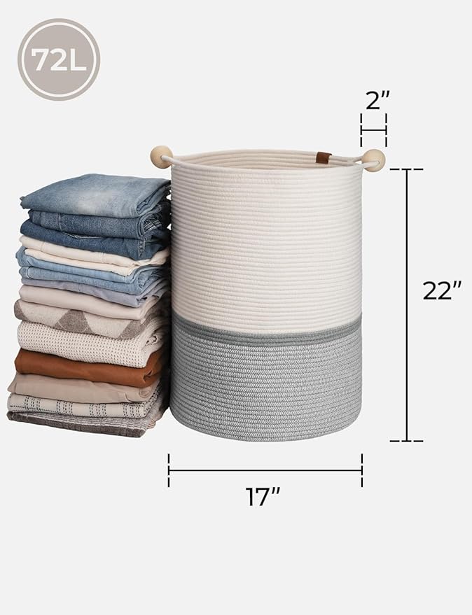 StorageWorks 72L Cotton Rope Laundry Basket with Wooden Beads Handles, Woven Basket for Storage, Dirty Clothes, Kids Toys, Towels, White & Grey