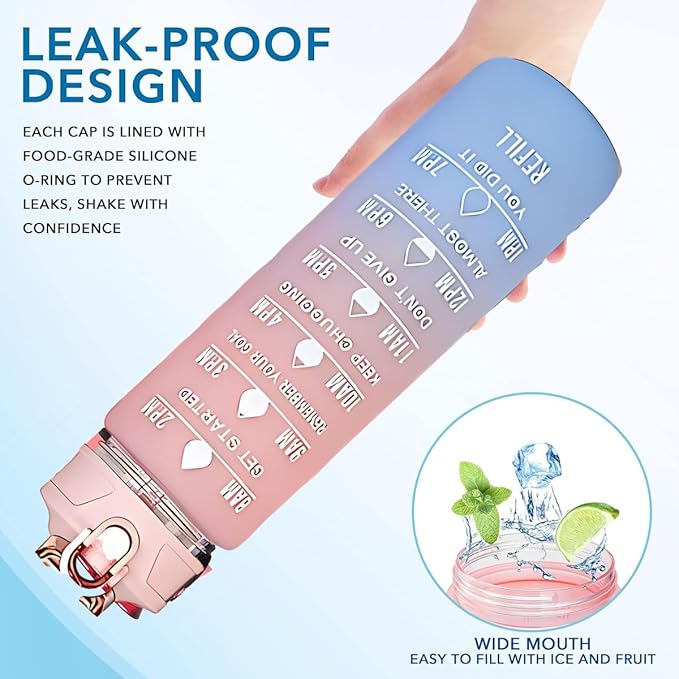 Generic Drinking Water Bottles Fitness Sports With Time Marker, 900 ml, Multiple Colors, Motivational Drinking Bottles Drinking Sports Water Bottle for Fitness, Gym & Outdoor (Pink+Purple), XH-2081