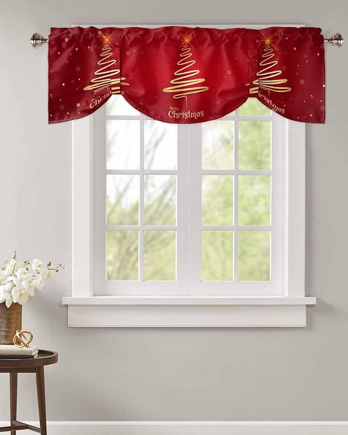 Christmas Tree Blackout Tie Up Valance Curtains for Kitchen Windows Merry Xmas Red Window Toppers Balloon Shades for Living Room/Bathroom/Bedroom,1 Panel,42" X 12" Winter Holiday Decor