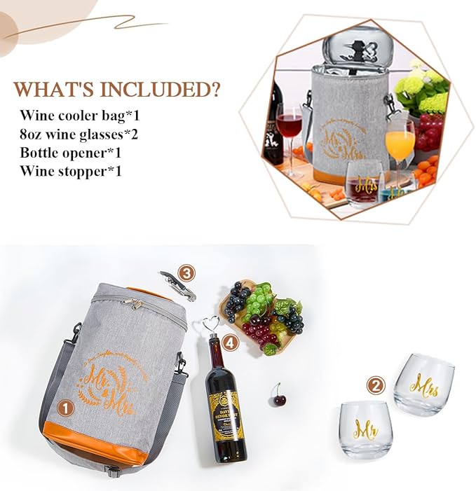 Cool Bridal Shower Gifts,Anniversary Wedding Gifts,Engagement Gifts for Couples 2024,Mr and Mrs Gifts - Insulated Wine Cooler Bag with Wine Glasses,Married Gifts for Newlyweds,Newly Engaged Couples