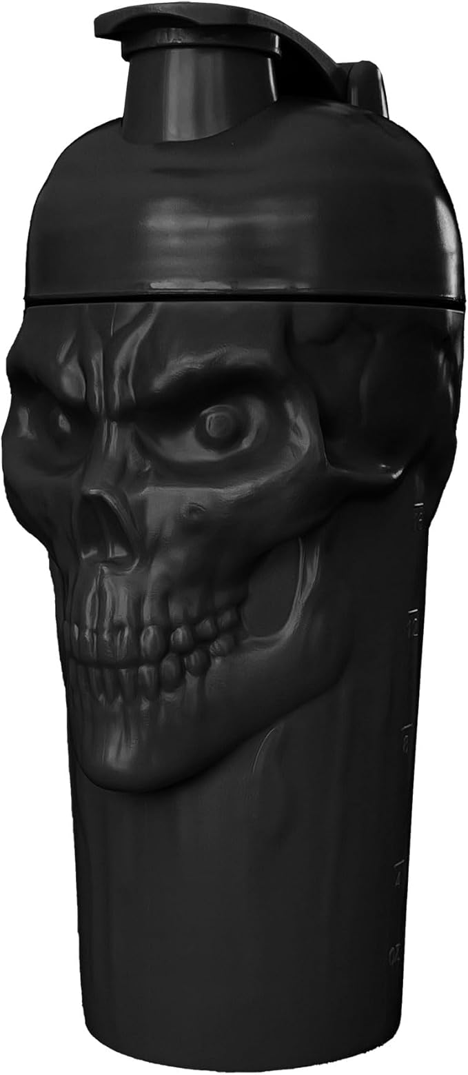 JNX SPORTS The Curse! Skull Shaker Bottle, 24-Ounce, Full Black Limited Edition, Supplement Mixer with Classic Loop Top