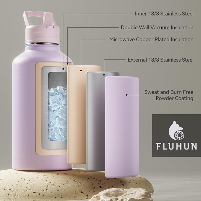 64 oz Insulated Water Bottle with Straw and Handle, Double Walled Vaccum Stainless Steel Half Gallon Water Bottle for Women, 3 Lids, Metal Canteen, Gym & Outdoors Water Jug