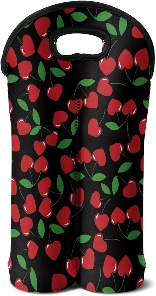 doginthehole Cherry Neoprene Wine Bag 2 Bottle Wine Tote Carrier Wine Accessories for Wine Lovers, Cute Fruit Print Wine Bottle Holder Champagne Beer Bags for for Travel, Party, Wedding, Birthday