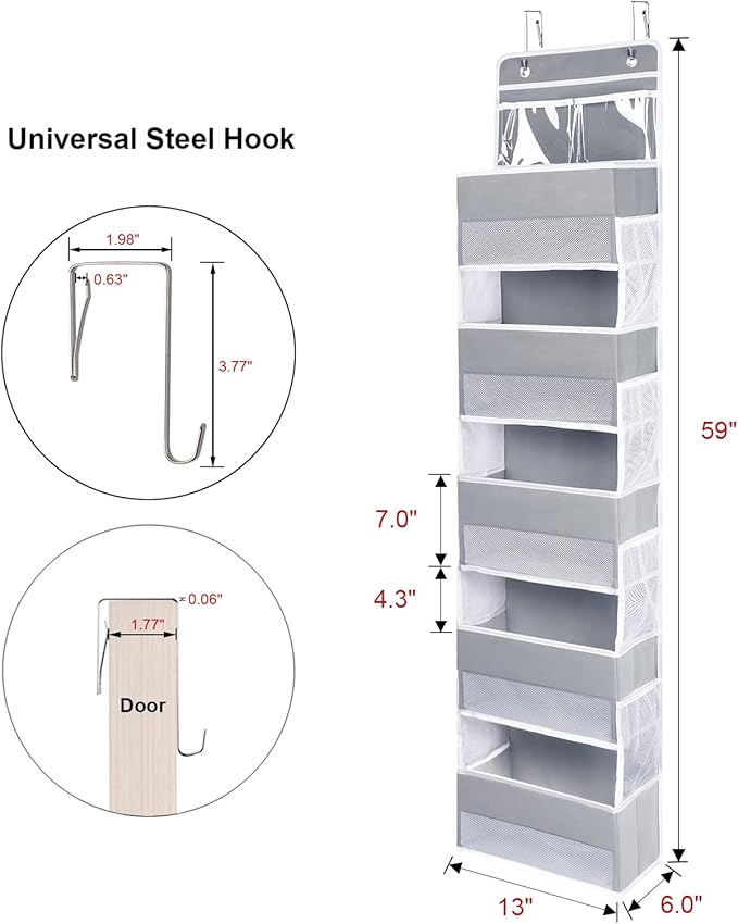 Univivi Over Door Hanging Organizer Storage with 5 Large Pockets and 2 Small PVC Pockets for Cosmetics Wall Hanging Storage Organizer for Pantry Baby Nursery Bathroom Closet Dorm(Grey)