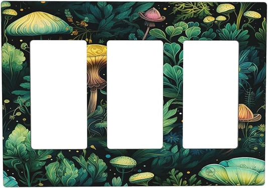 Green Dark Forest Mystical Mushroom 3 Gang Rocker Light Switch Covers Triple Outlet Wall Plate Decorative Switchplate Cover Faceplate GFCI for Country Bathroom Bedroom Kitchen Decor