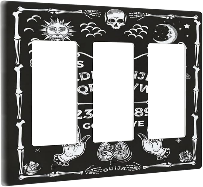 Black Witchy Skeleton Skull Gothic Sun Moon 3 Gang Rocker Novelty Light Switch Covers Decorative Unique Triple Outlet Wall Plate Cover Faceplate Decorative Switchplate GFCI for Kitchen