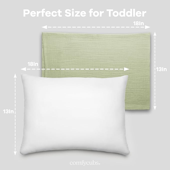 Comfy Cubs Toddler Pillow with Soft Muslin Pillowcase, 13"x18", Sage (2 Pack) - Kids Pillow for Sleeping & Travel - Comfortable Small Pillow - Kids Travel Pillow with Breathable Microfiber Fill