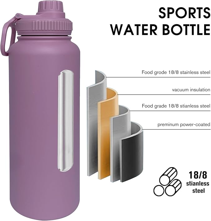 40oz Insulated Water Bottle ，Stainless Steel Sports Water Cup Flask with 2 Lids, Wide Mouth Travel Thermal Mug,Outdoor Sports Bottle（Jelly Purple）