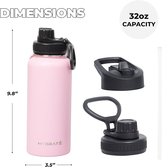 HYDRATE Insulated Stainless Steel Water Bottle - Large Reusable Flask with Leak-Proof Design and Convenient Handle - Double Vacuum Insulation for School, Work, or Adventure