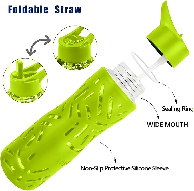 Top&Top 25oz Glass Water Bottles with Straw Cap – Wide Mouth Sports Water Bottles with Protective Silicone Sleeve + 3 Reusable Different Leak-Proof Lids (BPA Free) for Fitness and Outdoor (Yellow)