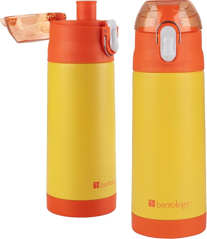 Bentology Stainless Steel 13oz Insulated Kids Water Bottle w Built In Straw- Easy to Open, Reusable BPA-Free, Fits in Most Lunch Boxes for Boys, Girls, School, Sports, Camp- Keep Drink Cold All Day
